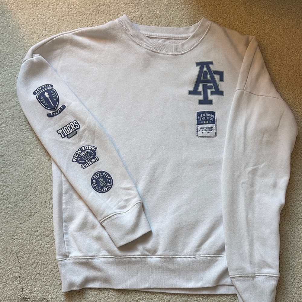 Abercrombie Kids White Crewneck Sweater with Blue Patches